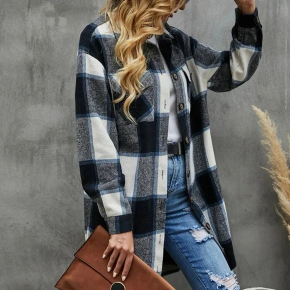 024 Cozy Plaid button up Oversized Jacket Shacket - Picture 4 of 6